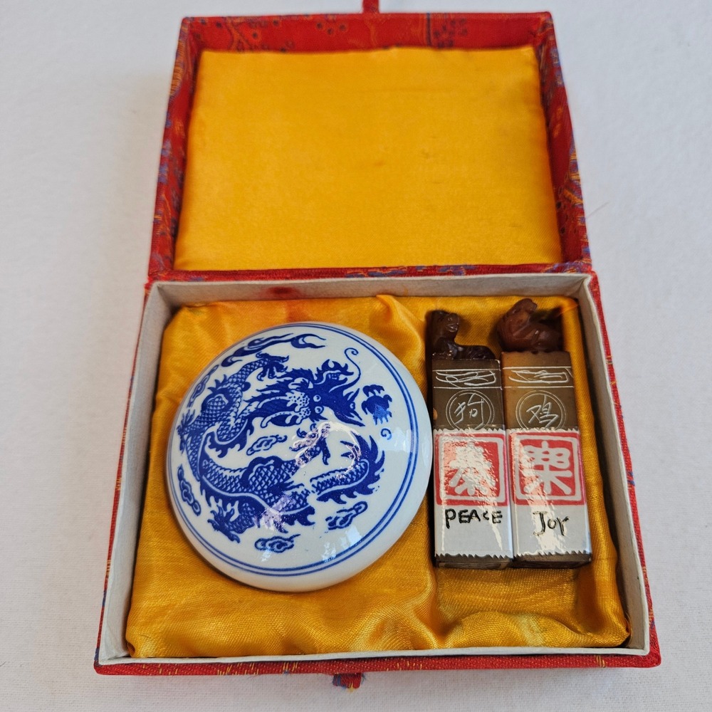 Vintage Chinese Chop Seal Set Peace Joy Carved Stone Stamps Dragon Ink Pot Box